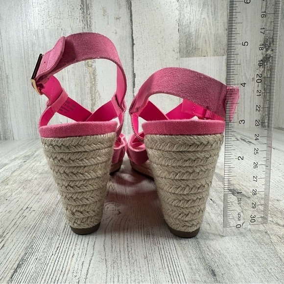 New Cole Haan Crystal Pink Neon Suede Wedge Sandals #195 - Picture 7 of 12